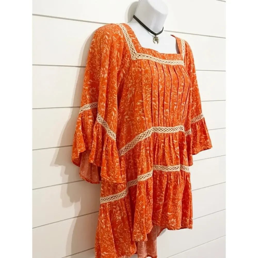 FREE PEOPLE Talk About It Orange Print Peasant Top With Crochet Trim, S